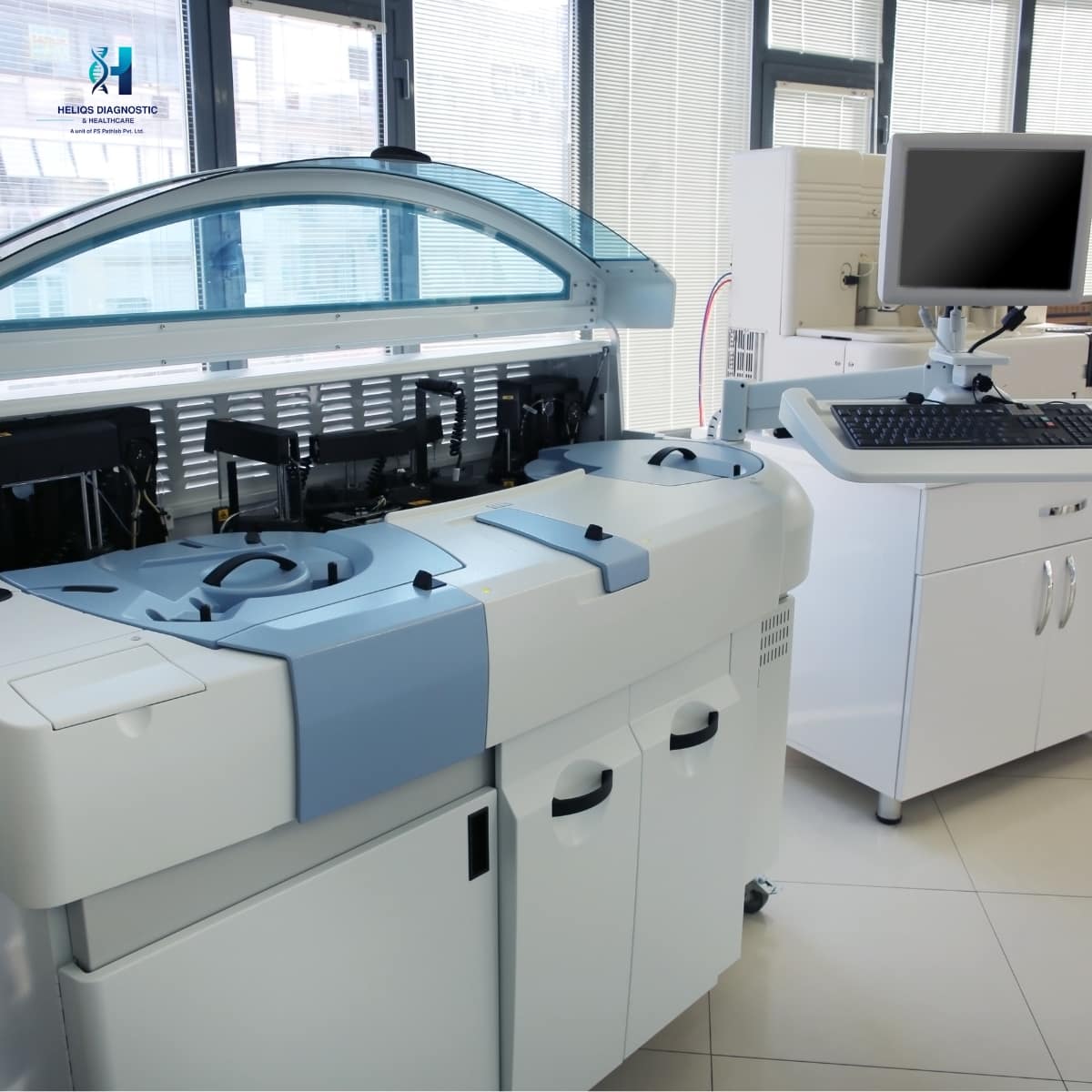 Modern automated clinical chemistry analyzer in a bright diagnostic laboratory setting.