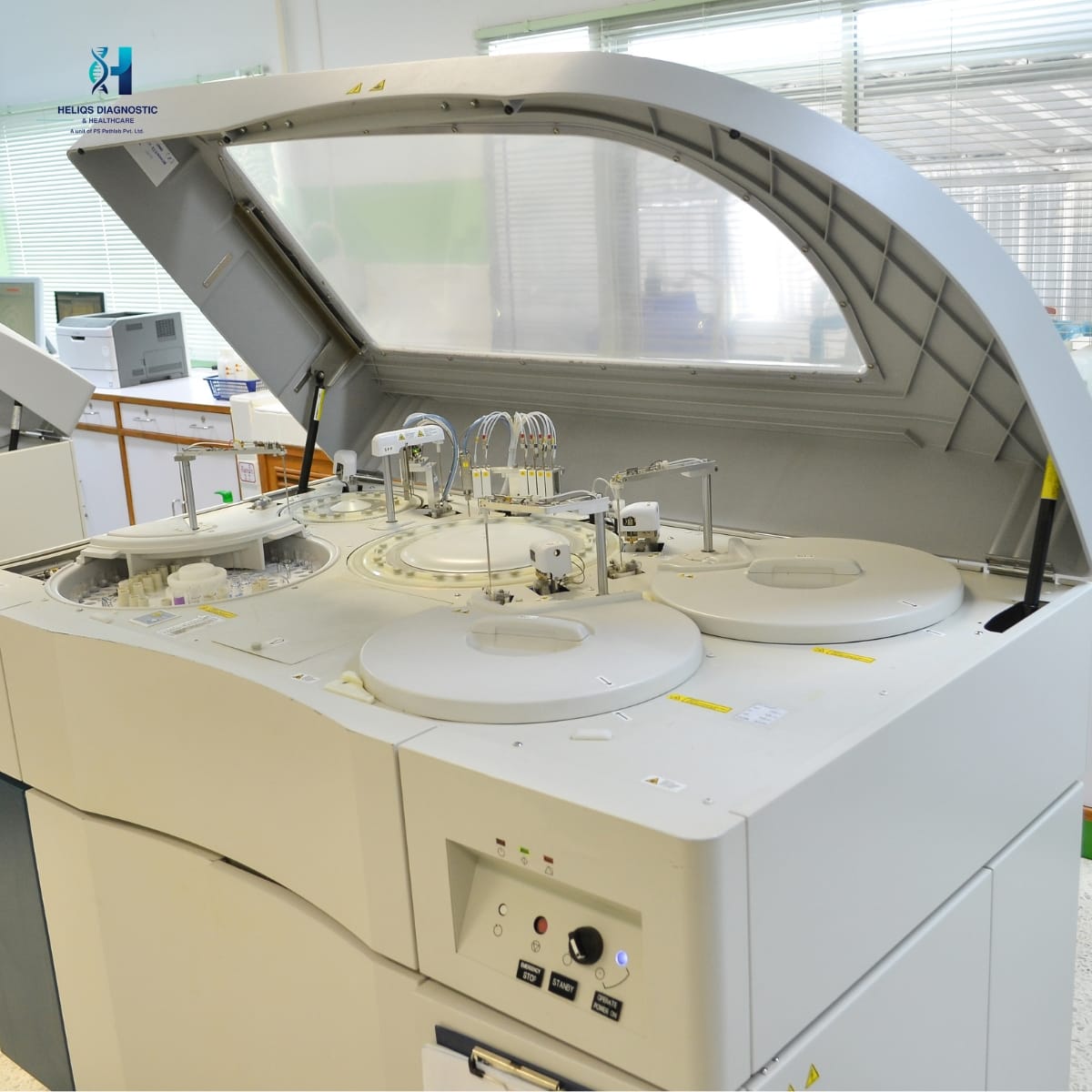 Automated clinical chemistry analyzer for high-speed blood and sample testing in a medical laboratory.
